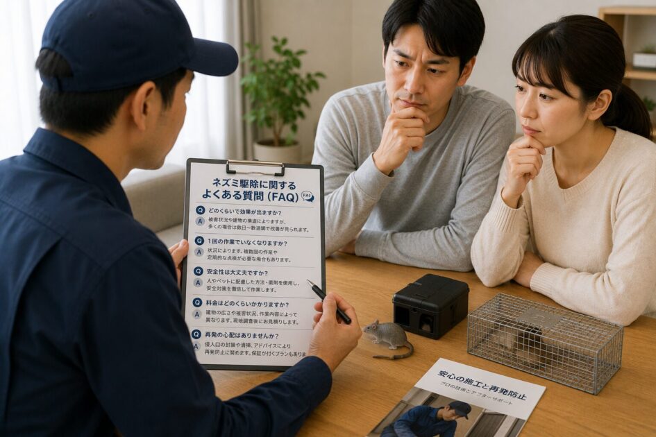 プロのネズミ駆除に関する疑問を業者へ相談し、説明を受ける夫婦