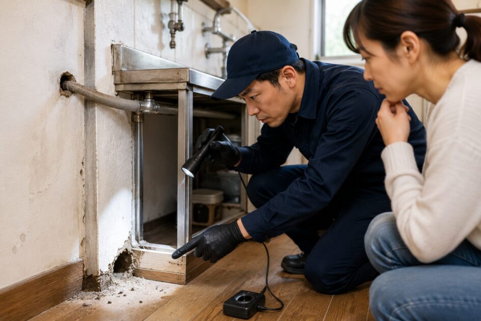 プロがネズミの痕跡や侵入経路を現地調査し、被害状況を確認する様子
