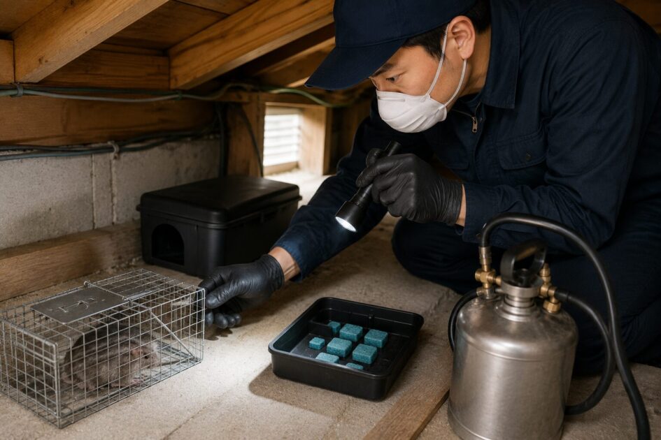 プロが捕獲器や殺そ剤を使い分け、ネズミの被害状況に応じて駆除を行う様子