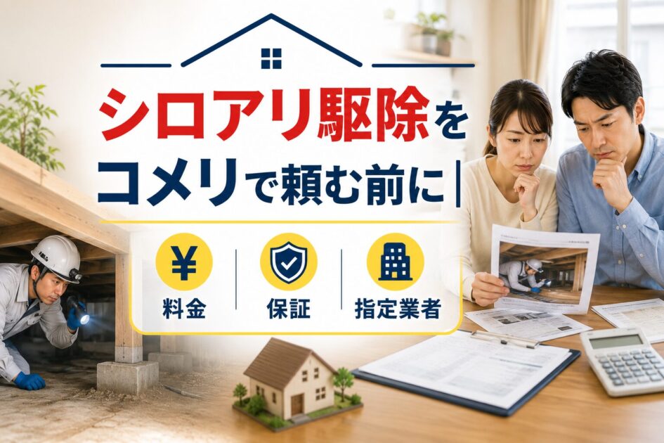 シロアリ駆除をコメリへ依頼する前に、料金や保証、指定業者を確認するアイキャッチ画像