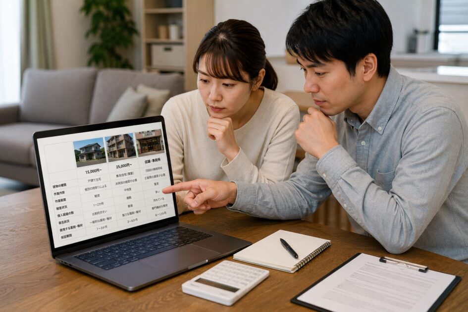 八王子でネズミ駆除を検討する夫婦が、建物の状況や作業内容によって料金や費用が変わる条件を比較・確認している様子