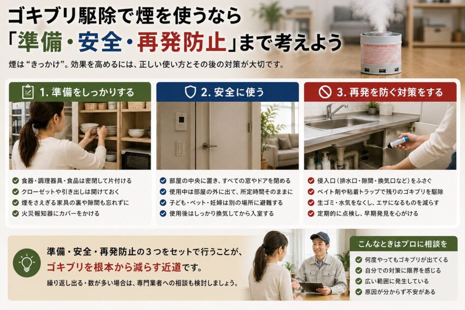 ゴキブリ駆除で煙を使うなら「準備・安全・再発防止」まで考えよう