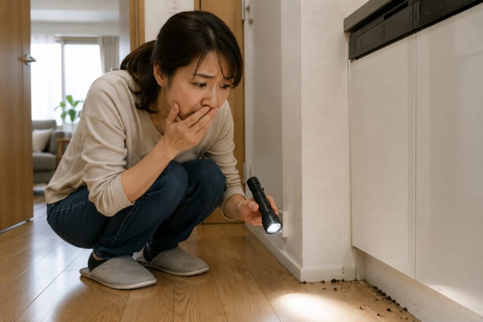 水戸で害虫被害の危険サインを見つけ、早急な駆除が必要か確認する住人の様子