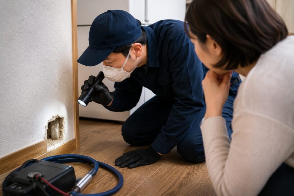 ネズミ駆除業者が住宅内の痕跡や侵入口を現地調査する様子