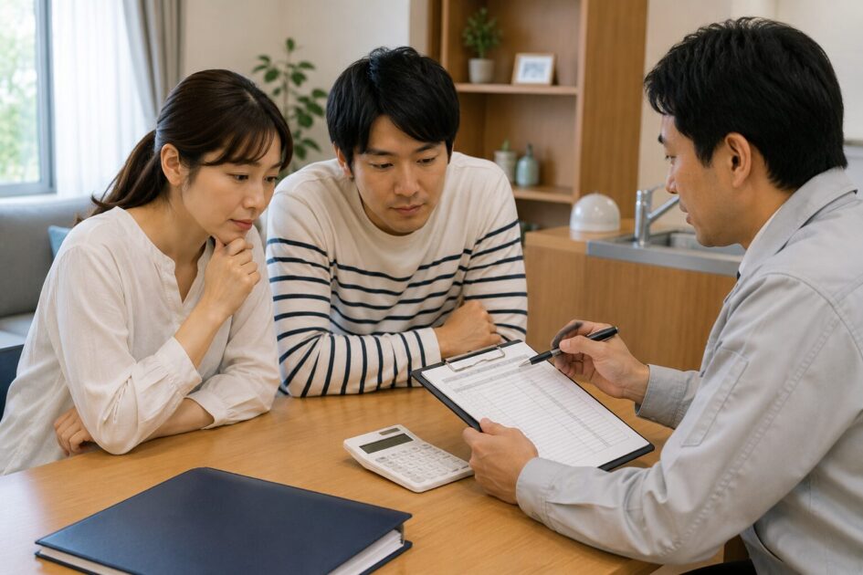 水戸で害虫駆除の料金相場や追加費用について説明を受ける住人と作業員の様子