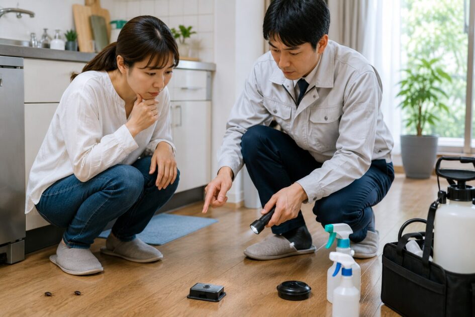 水戸で害虫別の自力対策と業者へ相談する目安を確認する住人と作業員