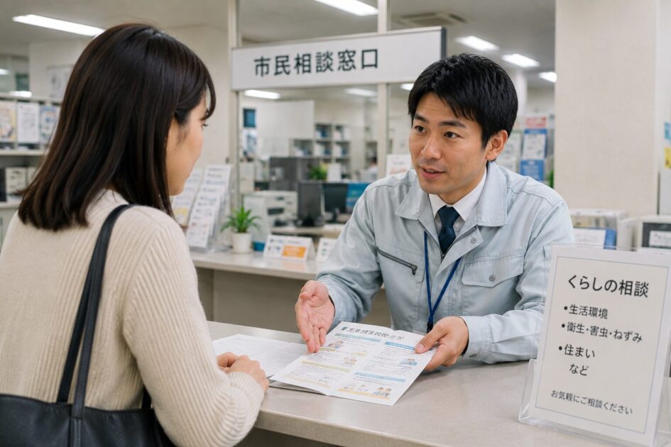 八王子でネズミ被害について自治体の相談窓口へ相談し、対応方法や相談先を確認する住人の様子