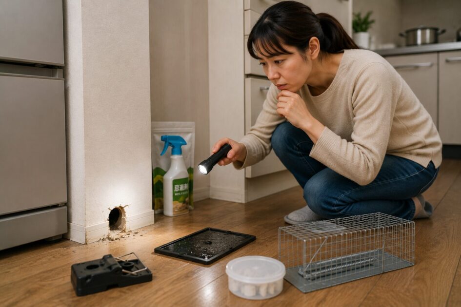 八王子の住宅で捕獲器や侵入口を確認し、自分でできるネズミ駆除の方法と限界を判断する住人の様子