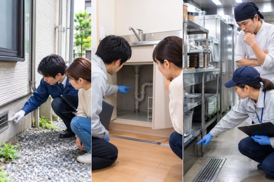 戸建て・賃貸・店舗それぞれの建物でネズミの侵入口や被害箇所を確認し、建物の種類に応じた対策を検討する様子