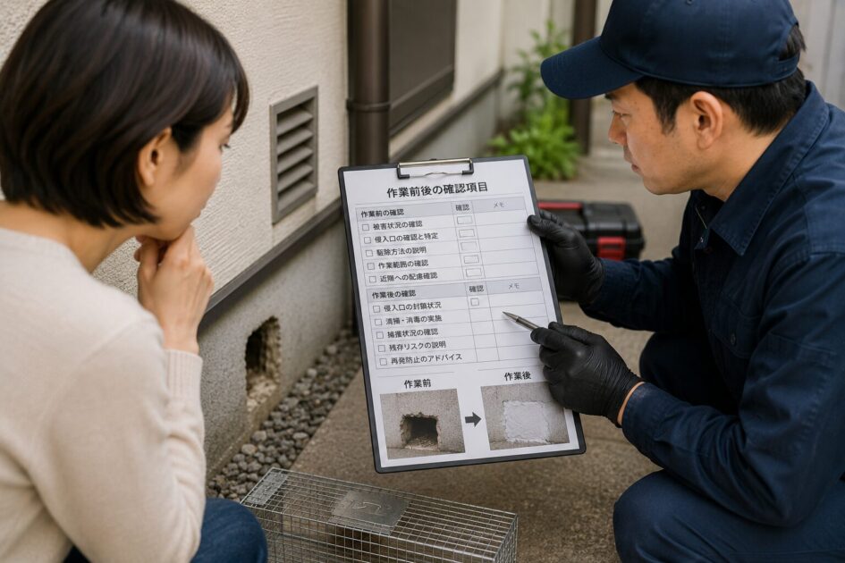 プロのネズミ駆除で作業前後の確認項目を住人と確認している様子