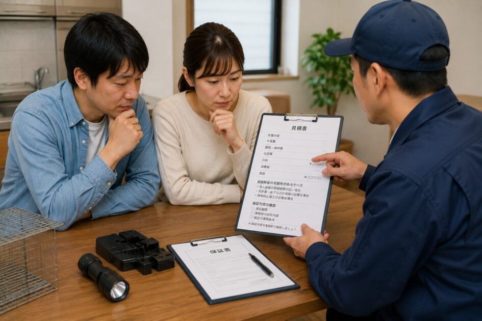 ネズミ駆除業者から見積もり内容や追加料金、保証条件の説明を受け、契約前の確認事項を相談している夫婦の様子