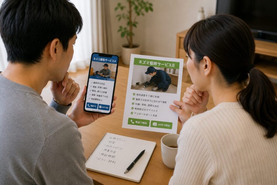 ネズミ駆除の相談先2候補を比較し、依頼先を検討する夫婦