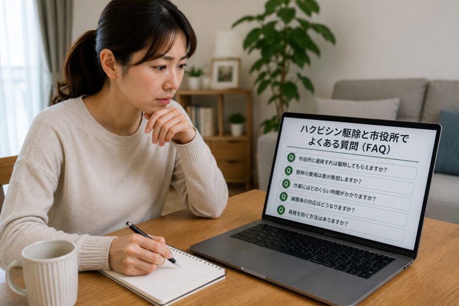 ハクビシン駆除と市役所相談でよくある質問を確認し、対応方法を調べる女性