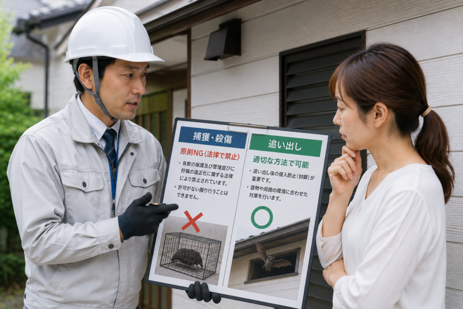 コウモリ駆除で「捕獲・殺傷」と「追い出し」の違いを業者から説明され、適切な対処法を確認する女性