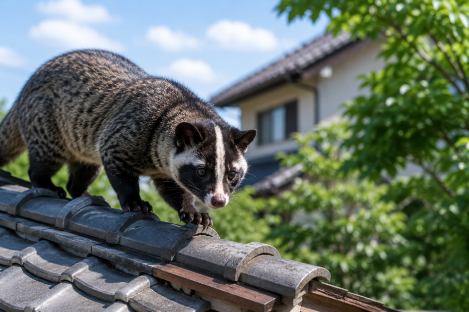 住宅の屋根を歩くハクビシンの様子。補助金制度の対象となる被害をイメージした見出し画像。