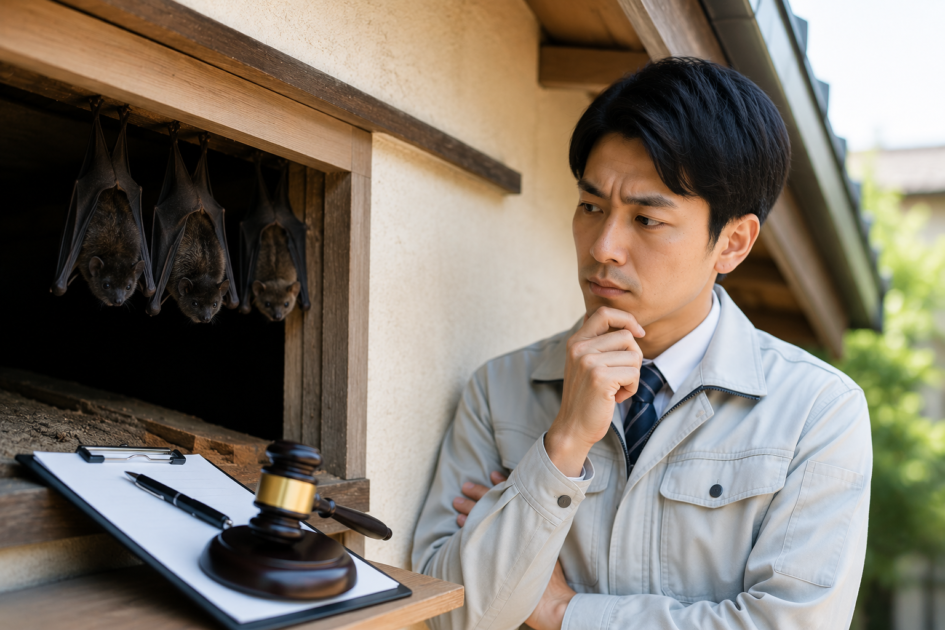 コウモリ駆除が法律違反になるケースを確認し、適切な対応方法を考える男性とコウモリの様子