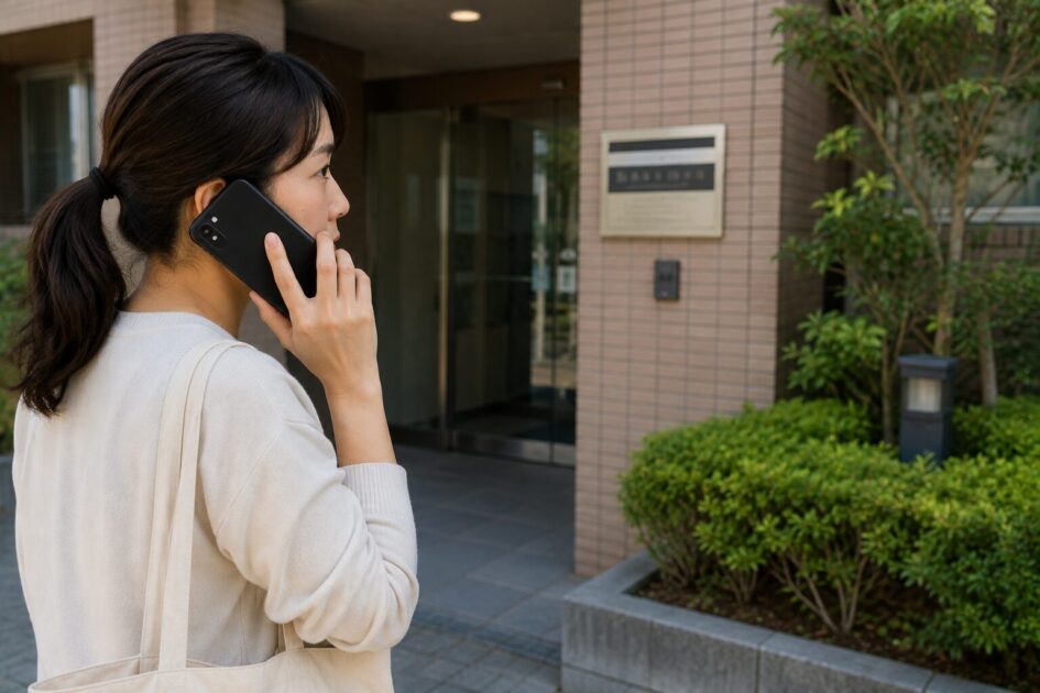 市役所より先に管理会社や所有者へ連絡し、ハクビシン被害の対応を相談する女性