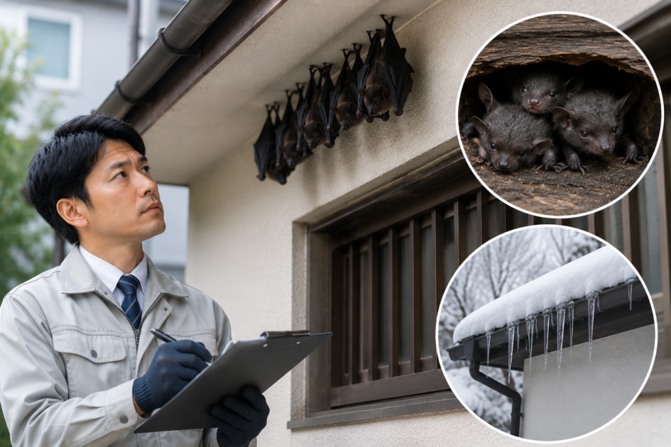 繁殖期や冬のコウモリ駆除で、巣の状況や季節ごとの注意点を確認する作業員