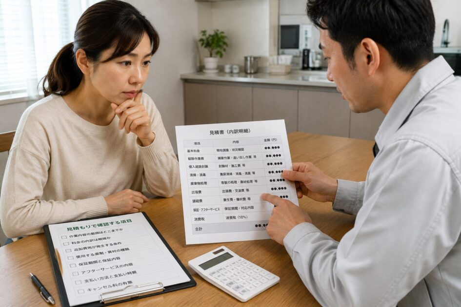ハクビシン駆除の料金や追加費用、保証内容を見積もりで確認する女性と業者