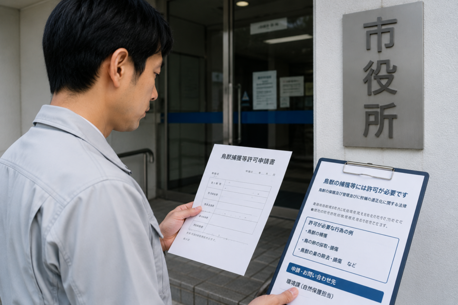 コウモリを捕獲する必要がある場合に、市役所で必要な許可や申請手続きを確認する男性