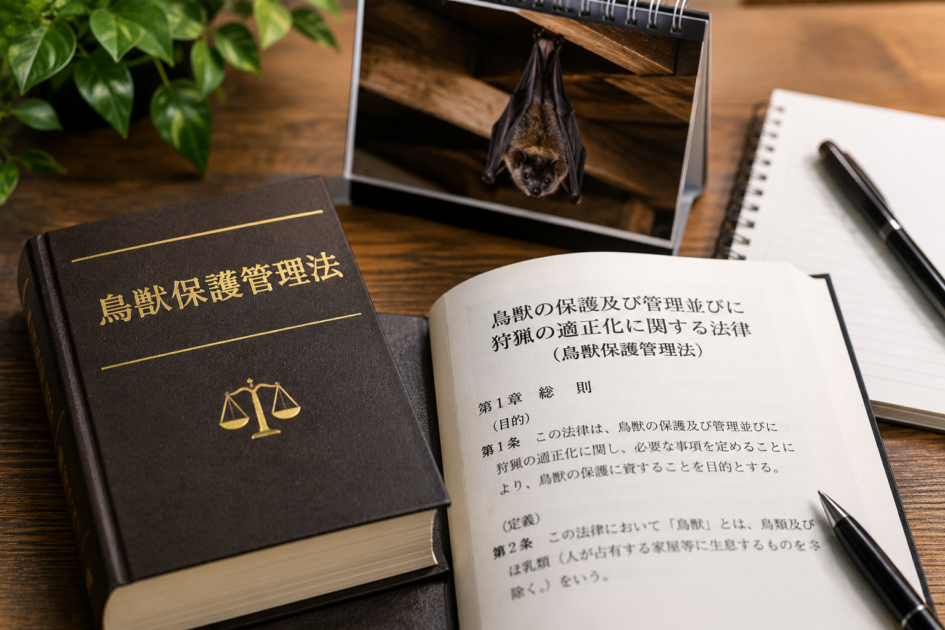 コウモリに関係する鳥獣保護管理法の内容を資料で確認するイメージ