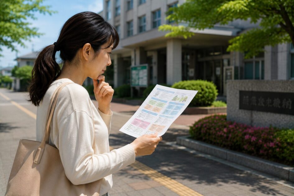 自治体によって異なるハクビシン対策の支援内容を、市役所前で資料を見ながら確認する女性