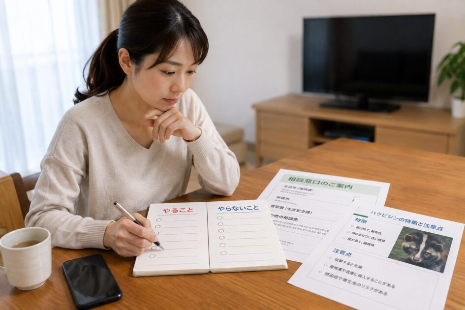 市役所へ相談した当日に行うことと避けることを整理し、対応を確認する女性