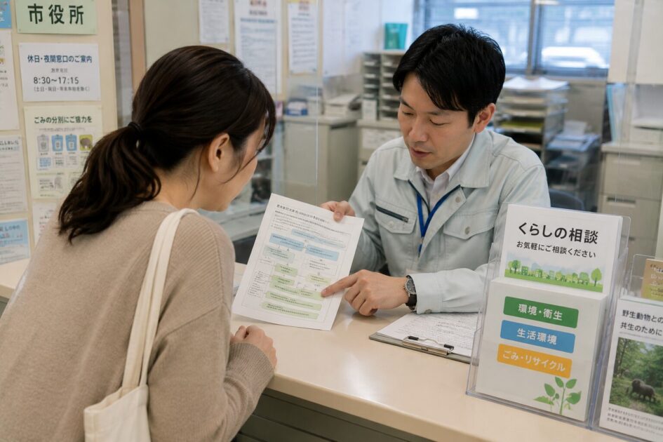 ハクビシンを捕獲する前に必要な許可や手続きを市役所の窓口で確認する女性