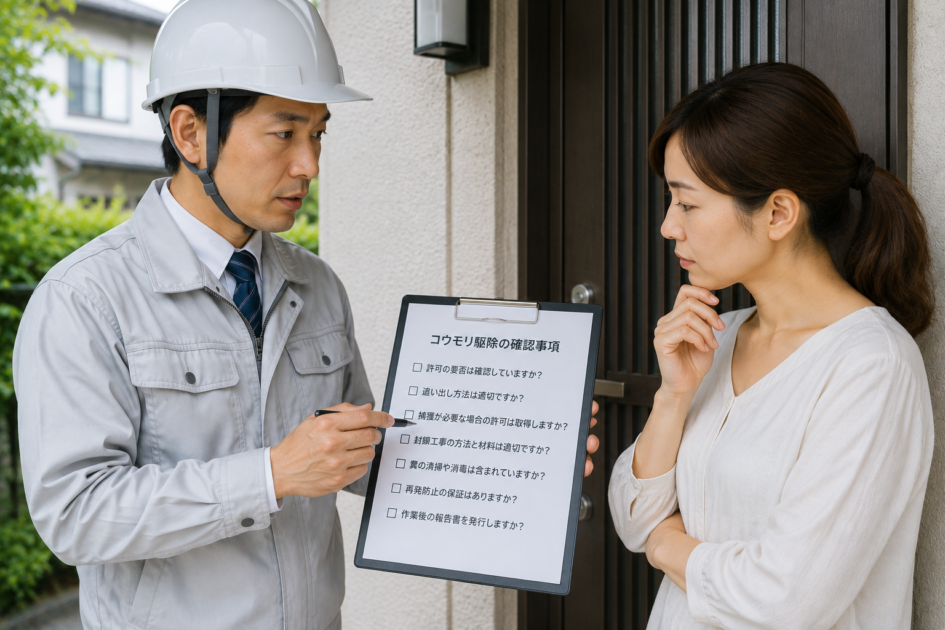 コウモリ駆除で法律が不安な場合に、業者へ確認すべき内容を相談する利用者と担当者