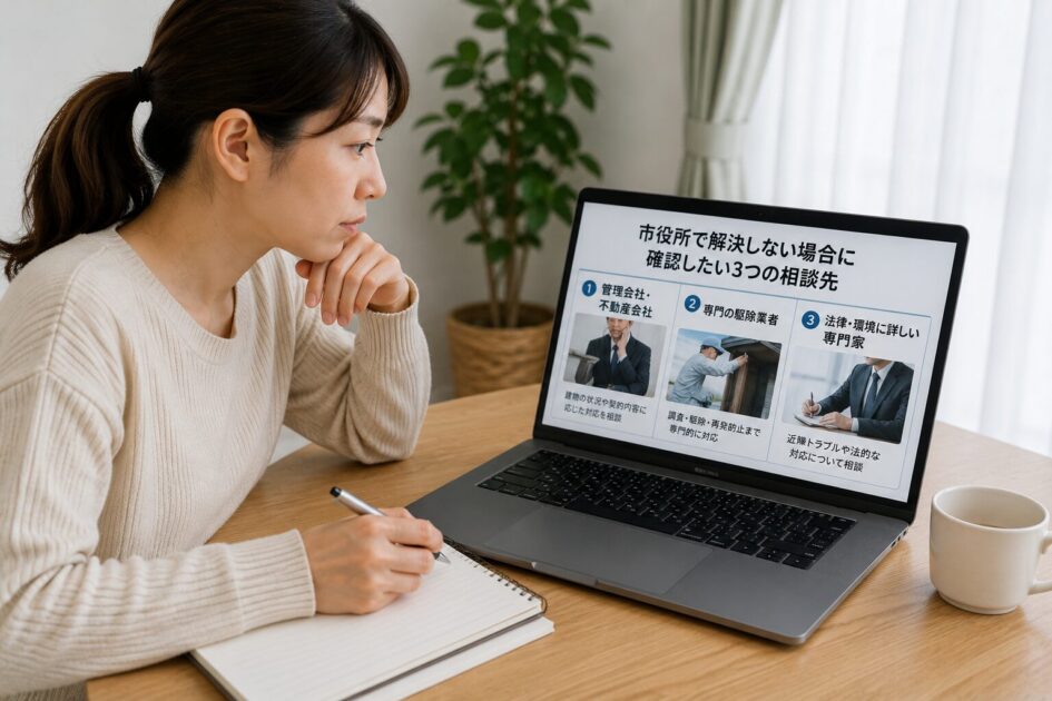 市役所で解決しない場合に確認したい相談先を比較し、対応方法を検討する女性