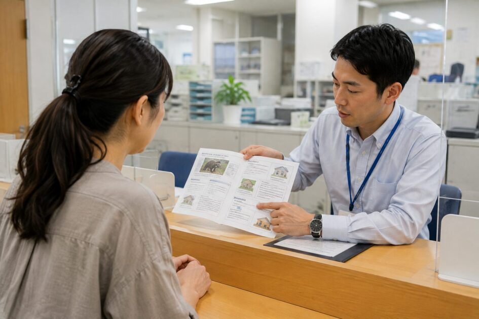 ハクビシン駆除を市役所へ相談した際に受けられる案内や対応内容を窓口で確認する女性