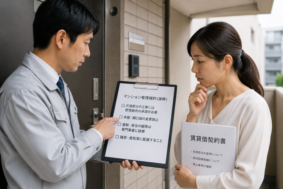 賃貸住宅でコウモリ駆除を行う前に、管理会社や契約内容のルールを確認する入居者と担当者