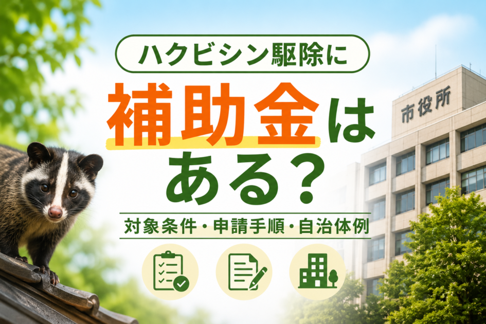 ハクビシン駆除の補助金について、対象条件や申請手順、自治体例を紹介するアイキャッチ画像