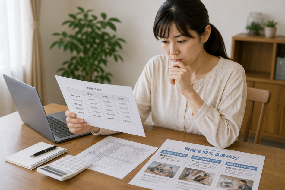 補助金が使えない場合に、見積もりを比較しながらハクビシン駆除費用を抑える方法を検討する女性