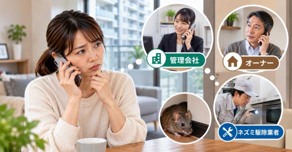 賃貸・マンションでネズミが出た際に、管理会社やオーナー、駆除業者への連絡順を確認する女性
