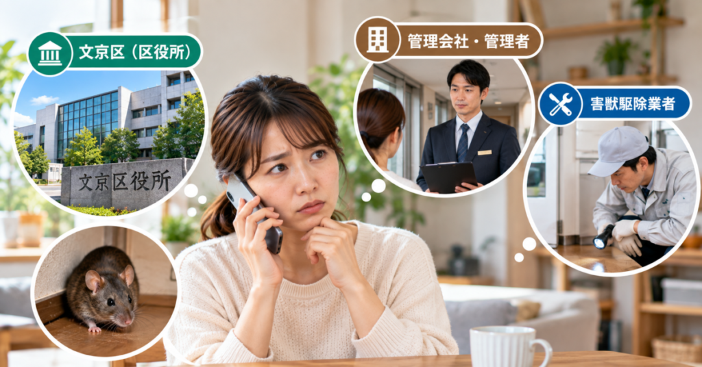 文京区でネズミが出た際に、区役所・管理会社・駆除業者の相談先を比較する女性