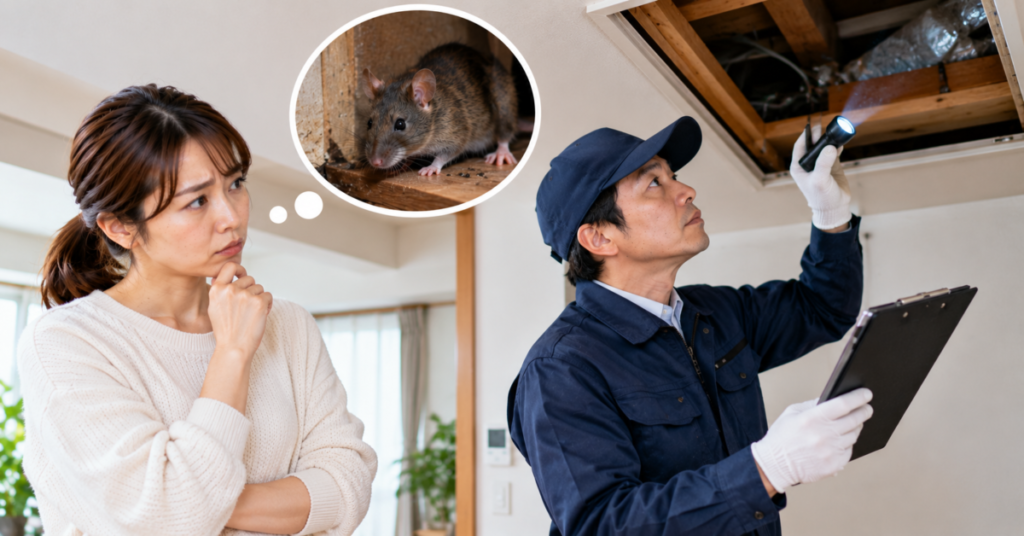 自力でのネズミ対策が難しく、天井裏を駆除業者に点検してもらう女性