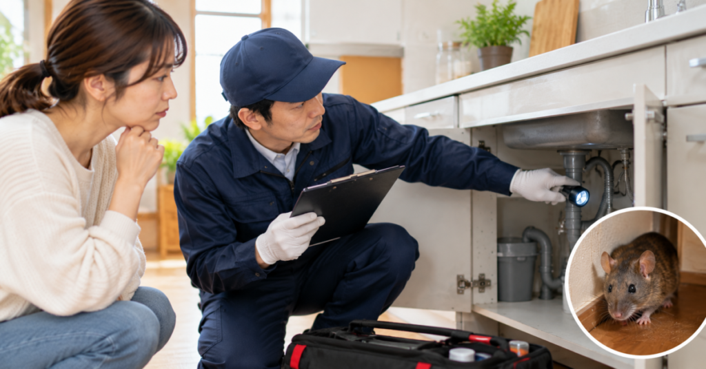 文京区の無料訪問診断で、ネズミの侵入箇所や被害状況を確認する調査員と住民