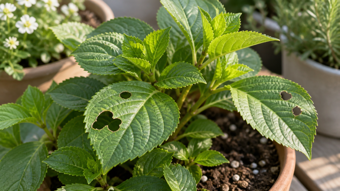 穴のある葉と新しい葉を見比べ、庭の植物の被害を確認する鉢植えの様子