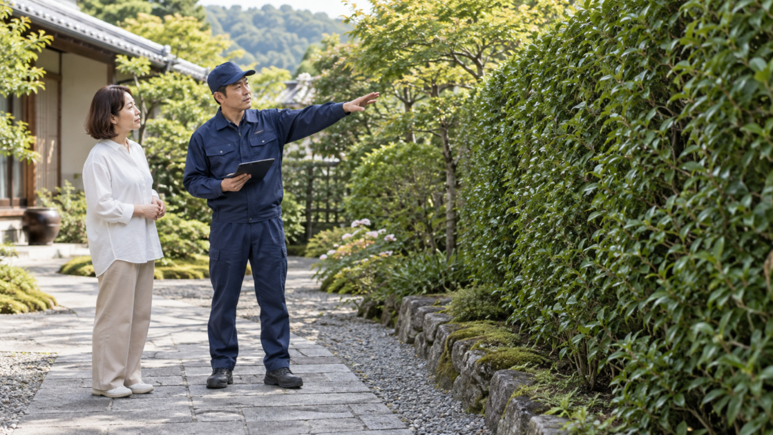 庭の通路から高い生垣を見ながら、住人と作業員が対応範囲を相談する様子