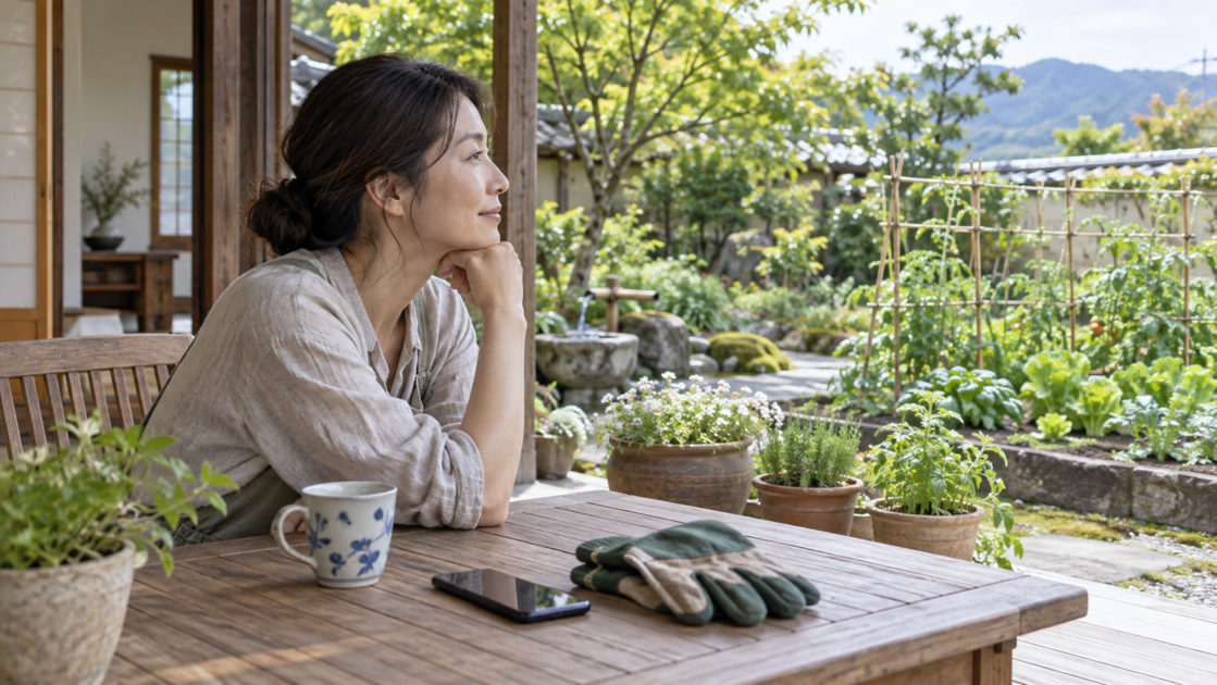 庭の植物を眺めながら、道具を置いたテーブルで今後の手入れを考える女性