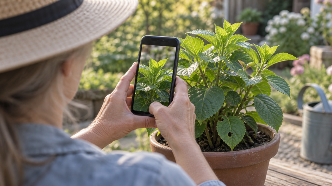 古い食べ跡の残る鉢植えの新芽をスマートフォンで撮影し、変化を記録する様子
