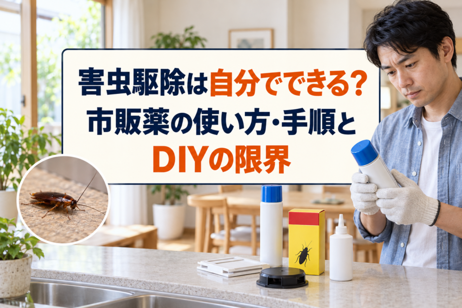市販の駆除用品を確認する男性と、害虫駆除の手順やDIYの限界を示すタイトル