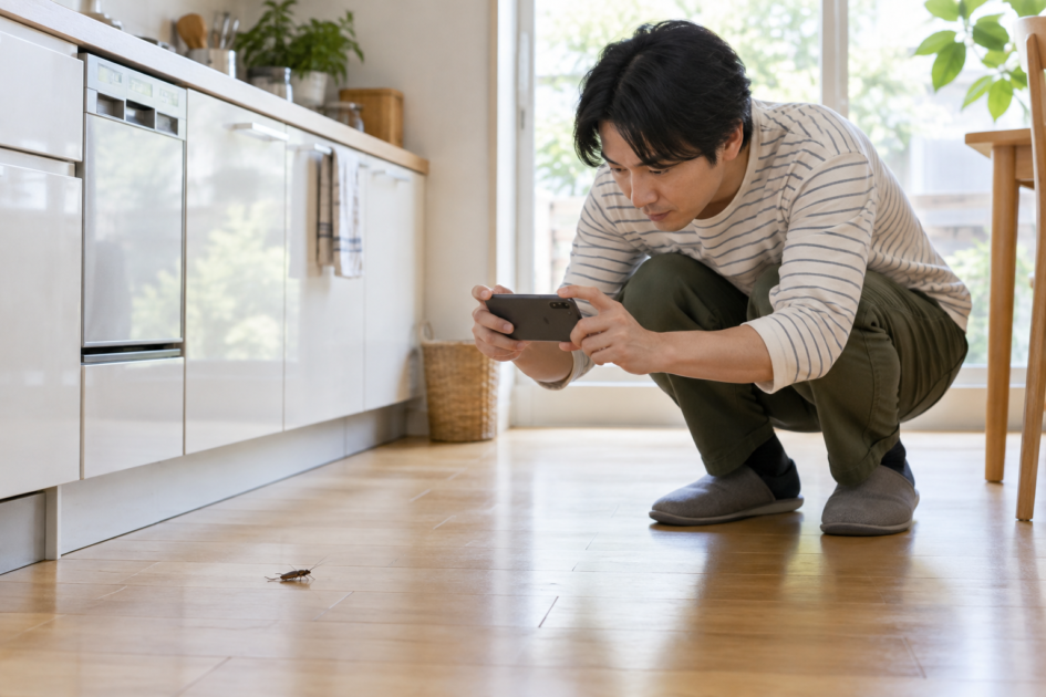 台所の床にいる害虫を離れた位置からスマートフォンで撮影して確認する男性