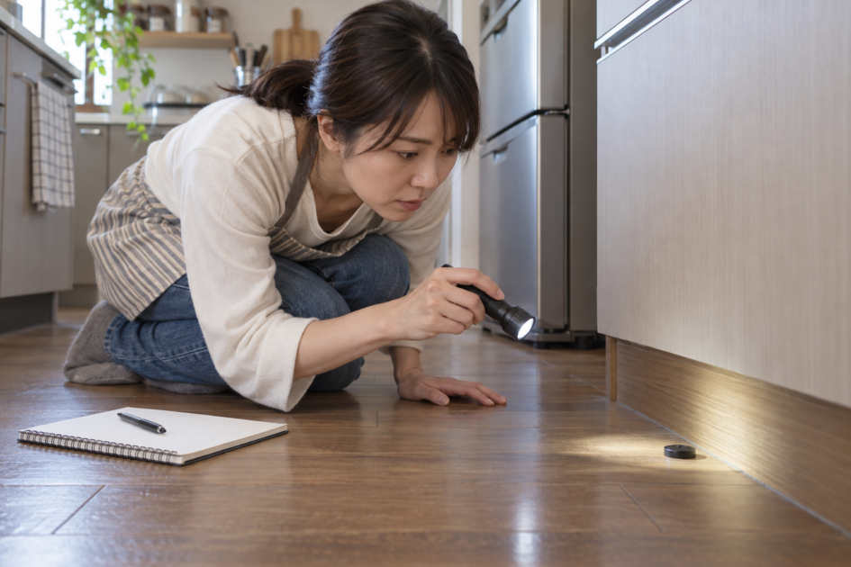 台所の床に置いた小型の毒餌容器を懐中電灯で照らし、設置状況を確認する女性