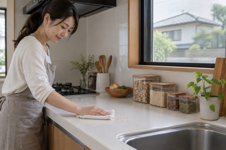 害虫の再発を防ぐため、密閉した食品容器のそばで台所の食べかすを拭き取る女性