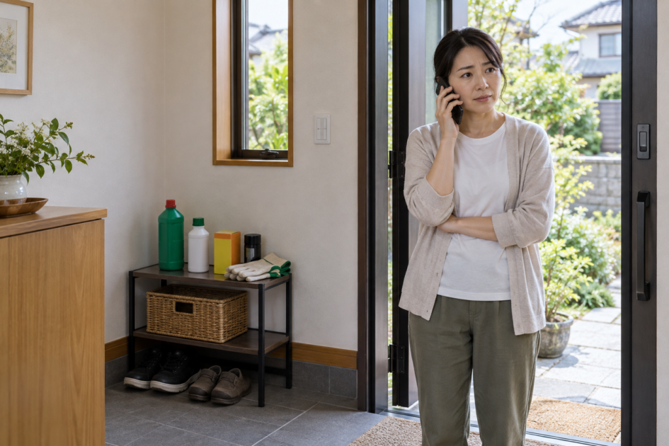 自力での害虫対策をいったん止め、玄関で電話をかけて相談している女性