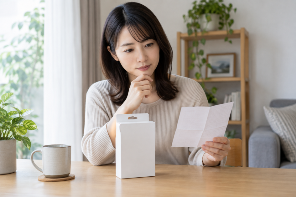 市販の害虫対策用品を使う前に、同封された説明書の内容を確認している女性