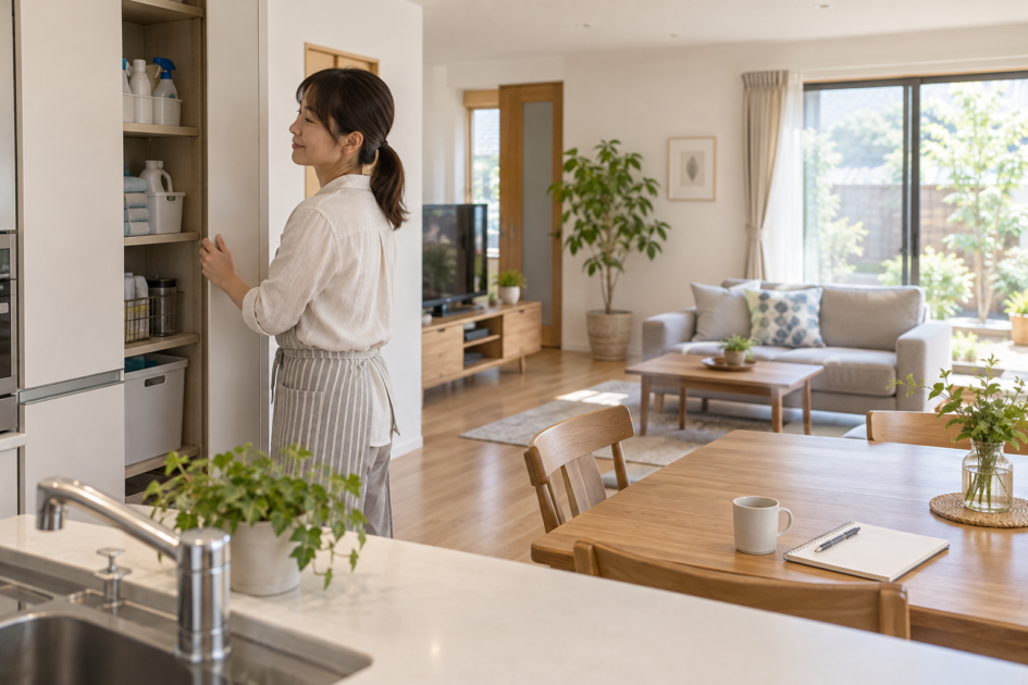 害虫対策後の清潔な住まいで、掃除用品を収納した戸棚の扉を閉める女性