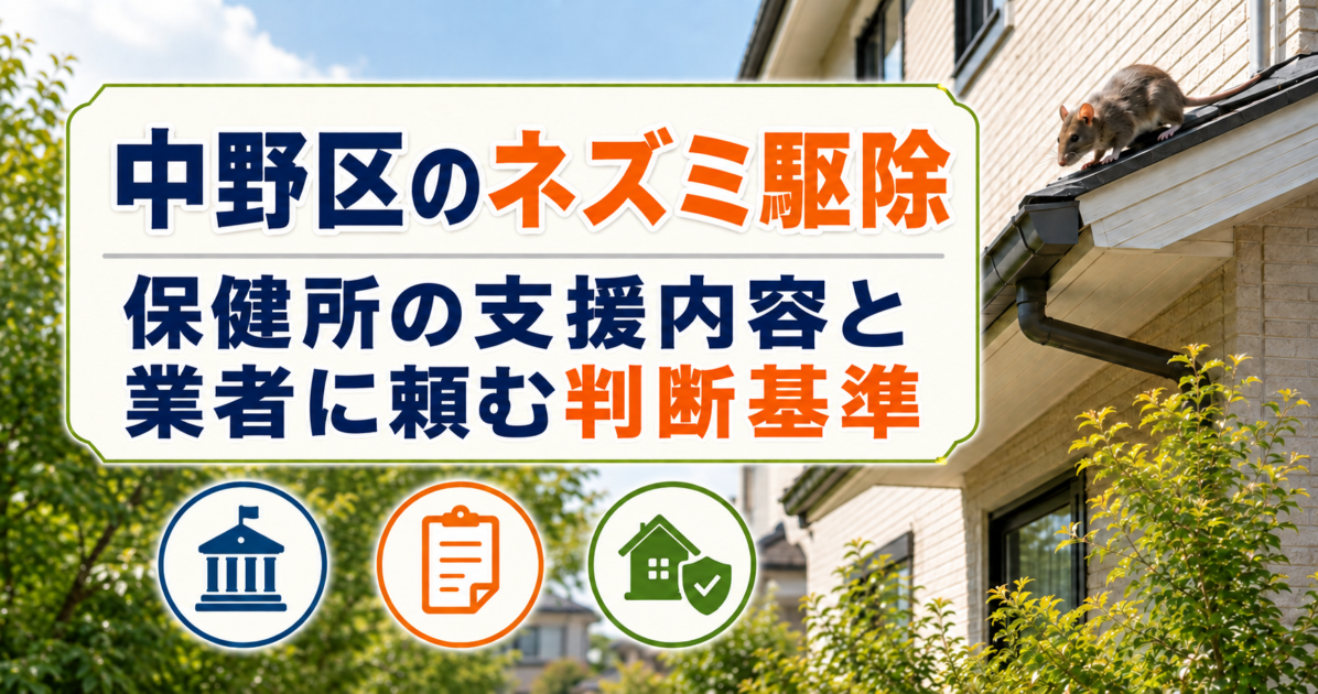 中野区の住宅と屋根上のネズミ、保健所の支援内容と業者依頼を示すアイキャッチ